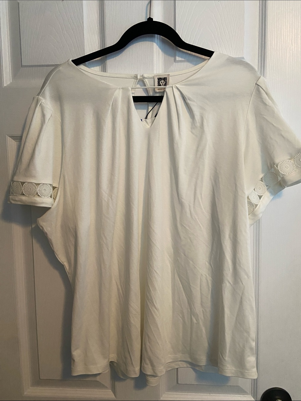 Anne Klein Cream Short-Sleeve Eyelet Trim Top